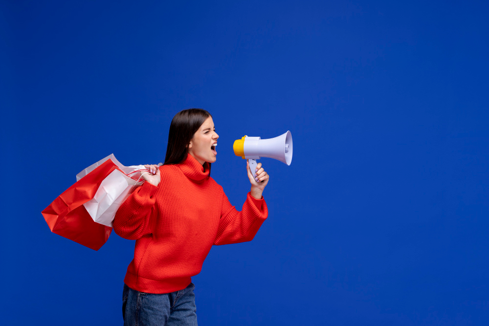 A woman holding shopping bags and a megaphone, promoting a referral program.