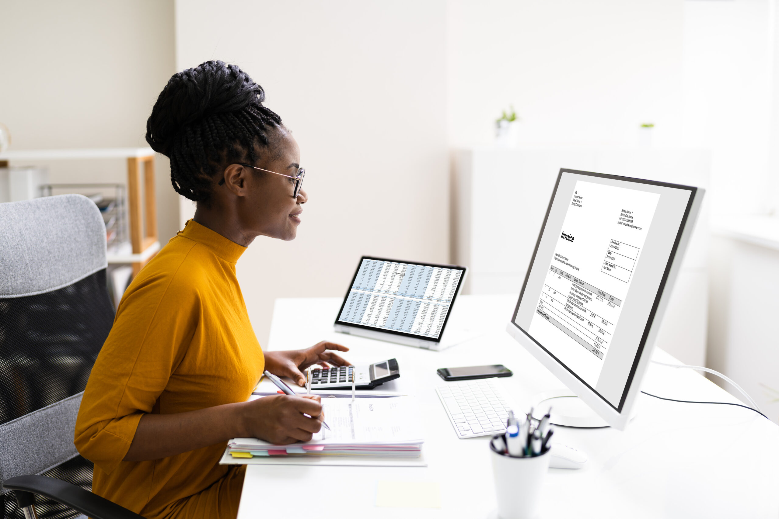 Woman working on an invoice and spreadsheets at her desk with a computer and calculator.